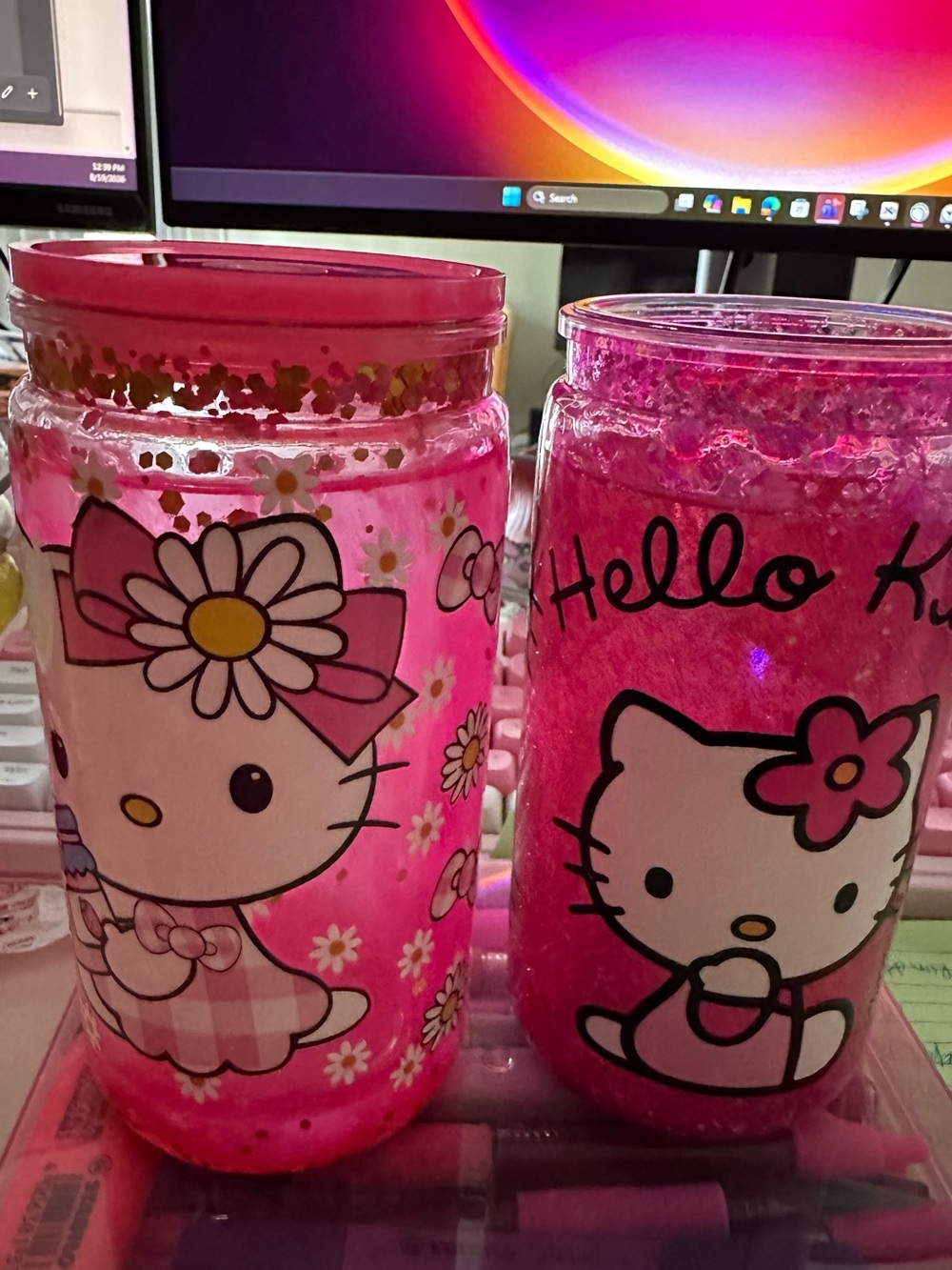 Hello Kitty Bright Pink Snowglobe Tumblers (16oz) 2 16oz tumblers Tumbler Pair